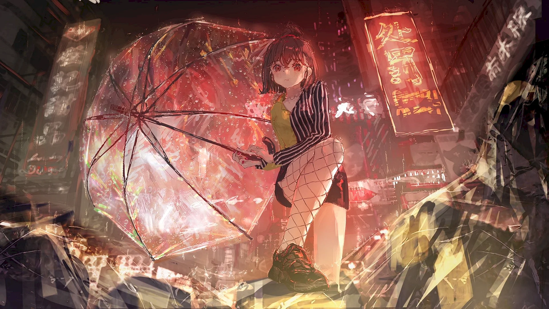 Anime Night Raining Umbrella Wallpaper