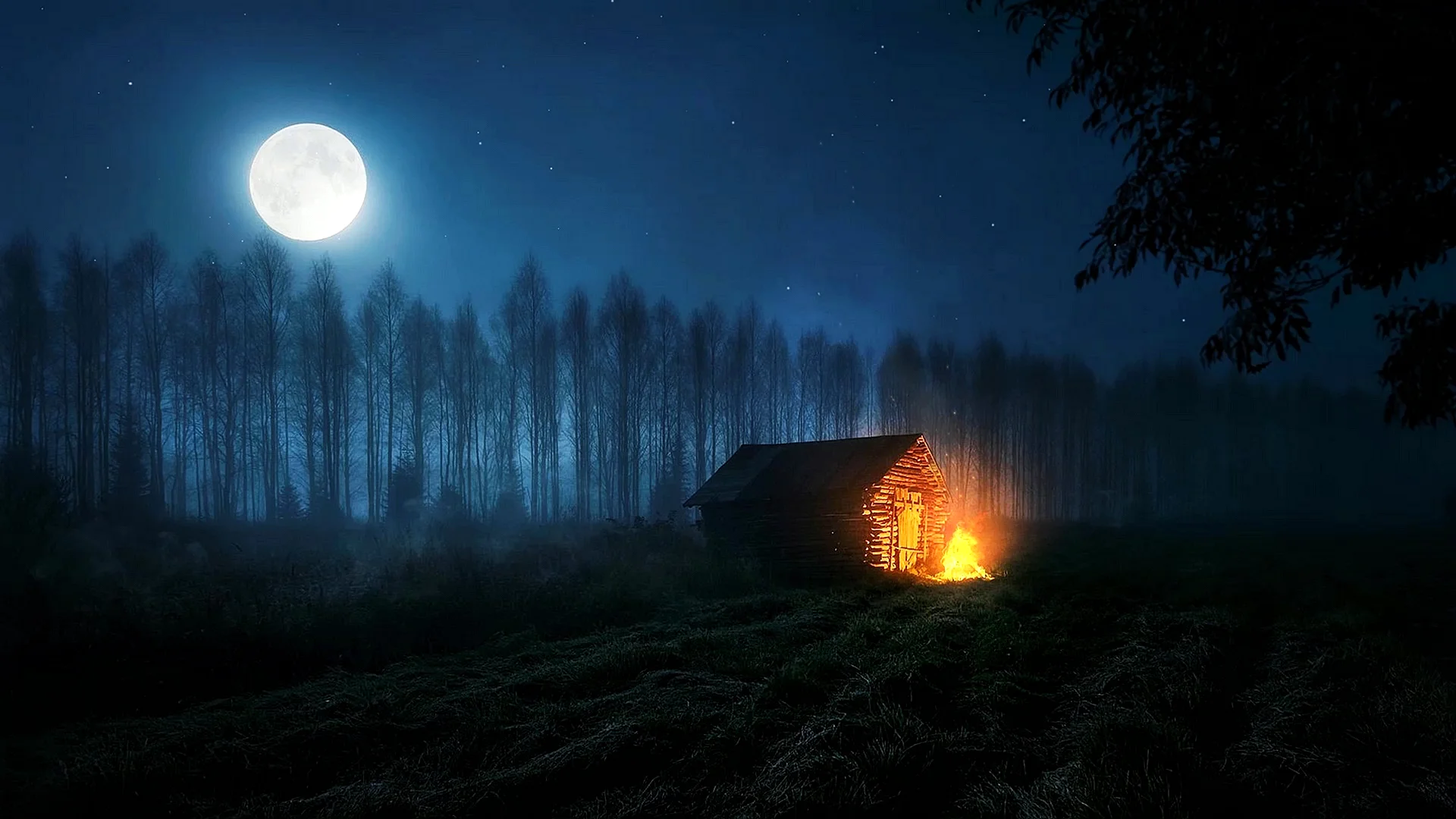 Cabin In The Forest Night Wallpaper