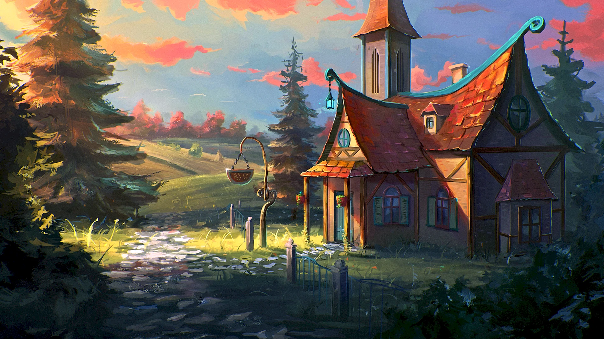 Forest Village Art Wallpaper