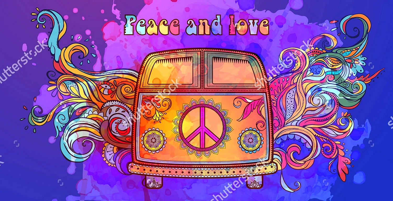 Hippie Vintage Car A Mini Van. Ornamental Background Wallpaper