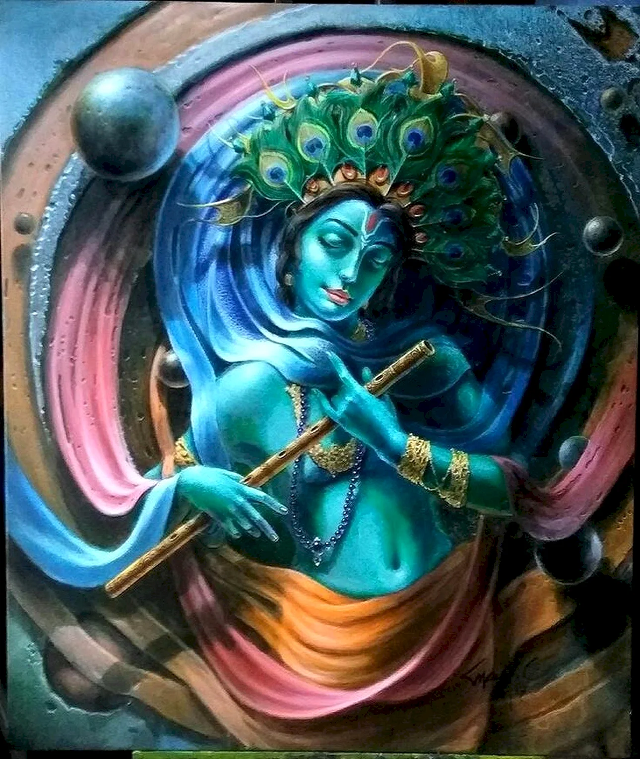 Krishna Acrylic Painting Wallpaper For iPhone