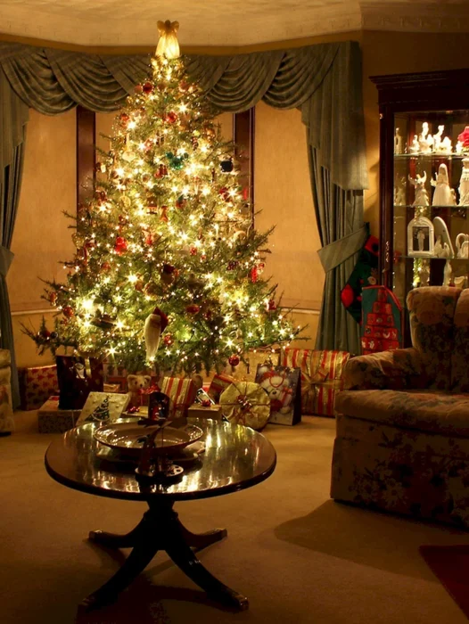 Living Room Christmas Tree Night Wallpaper
