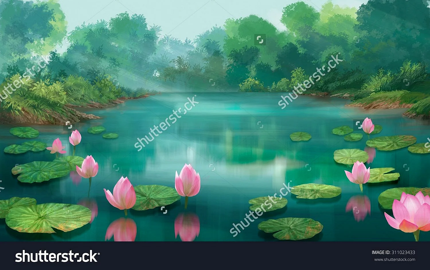 Lotus Pond Painting Wallpaper