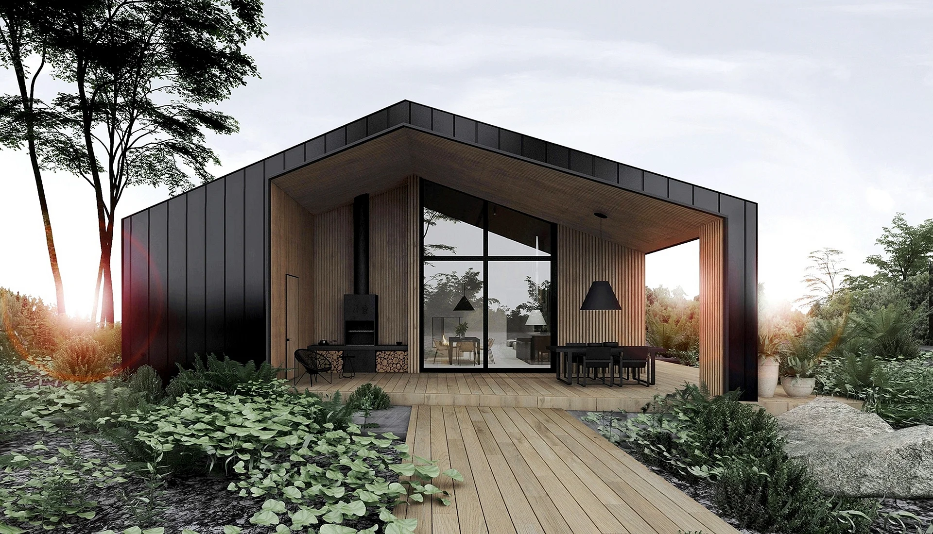 Modern Barn House Design Black Wood Wallpaper
