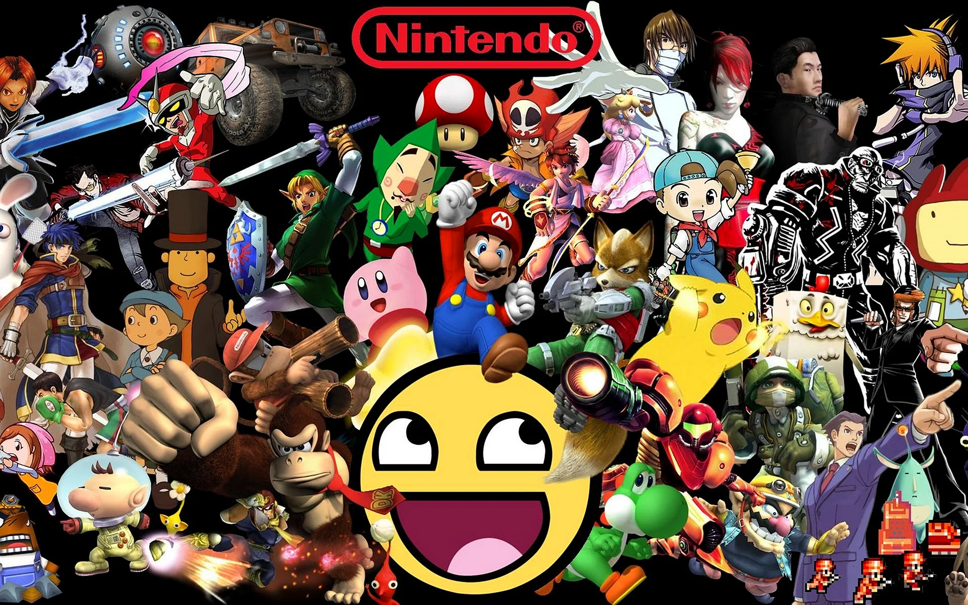 Nintendo темы. Персонажи из разных игр. Фон с разными играми. Коллаж из персонажей игр. Куча игр.