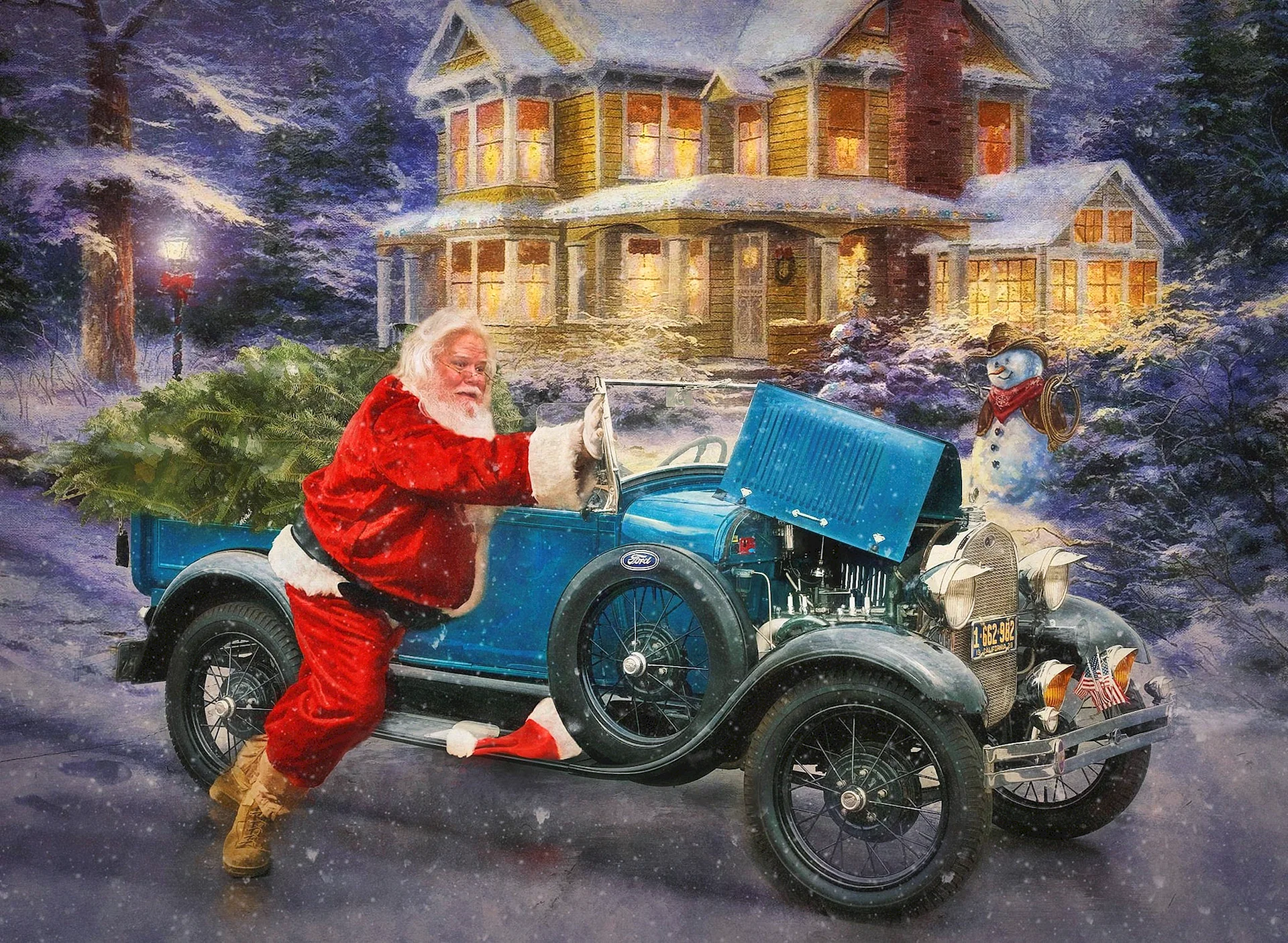 Red Car Christmas Art Wallpaper