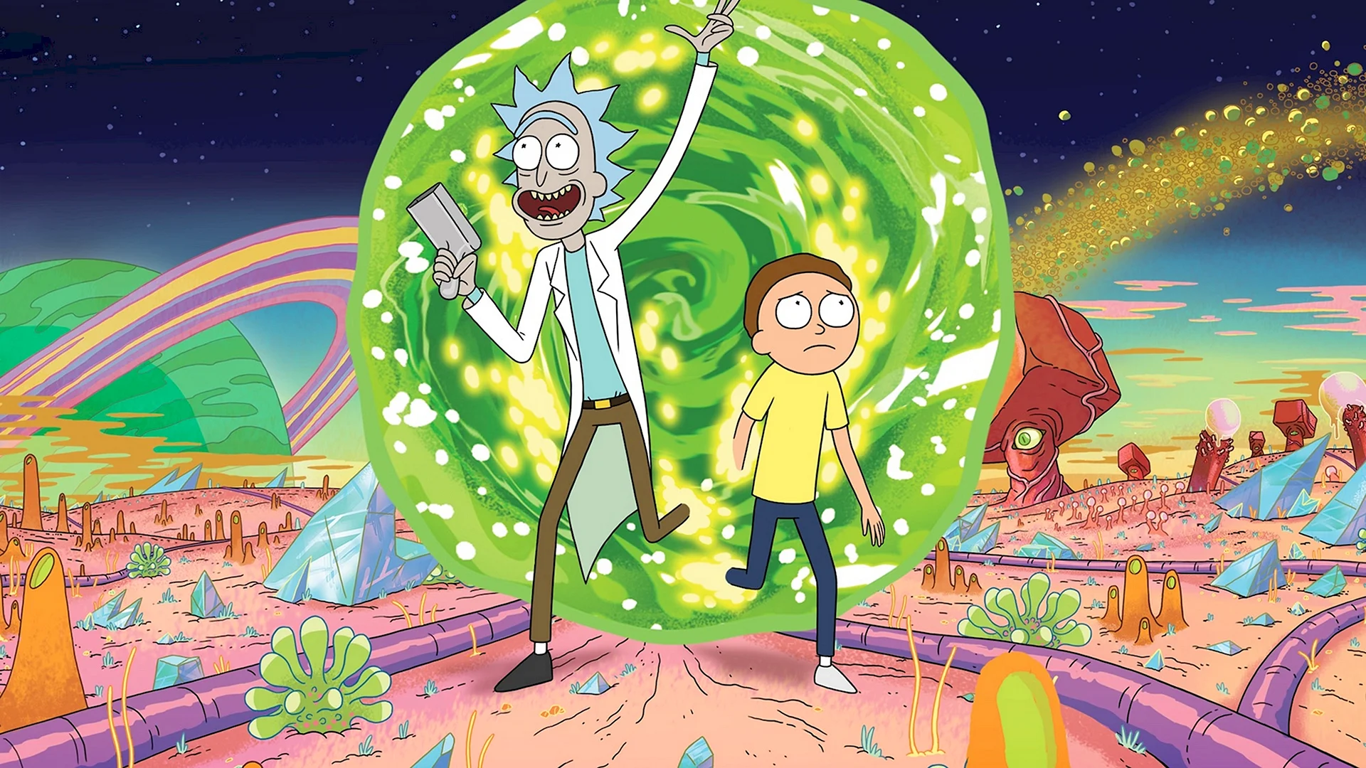 Rick And Morty Saliendo Del Portal Wallpaper