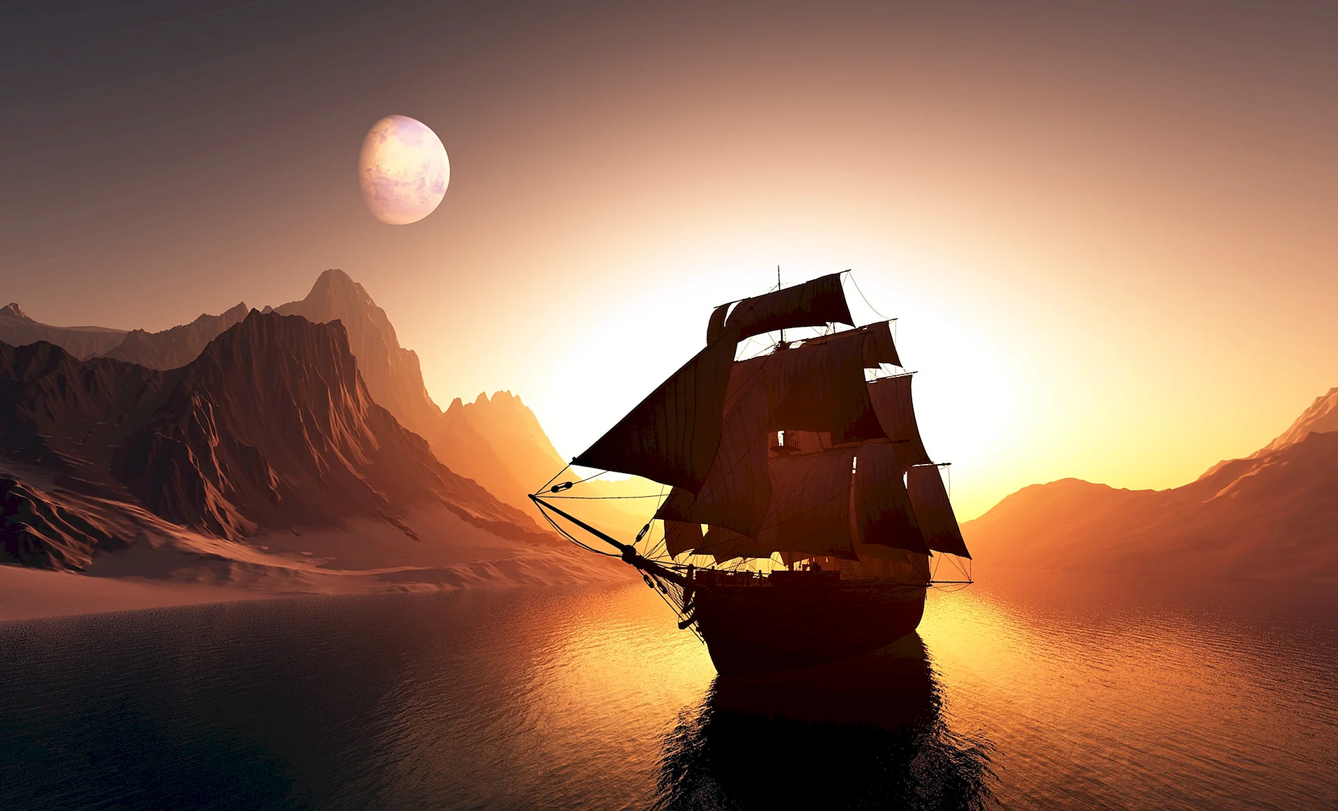 Sunset Ship Wallpaper