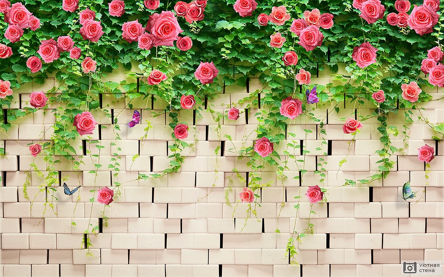 Wall Bricks With Flower Wallpaper