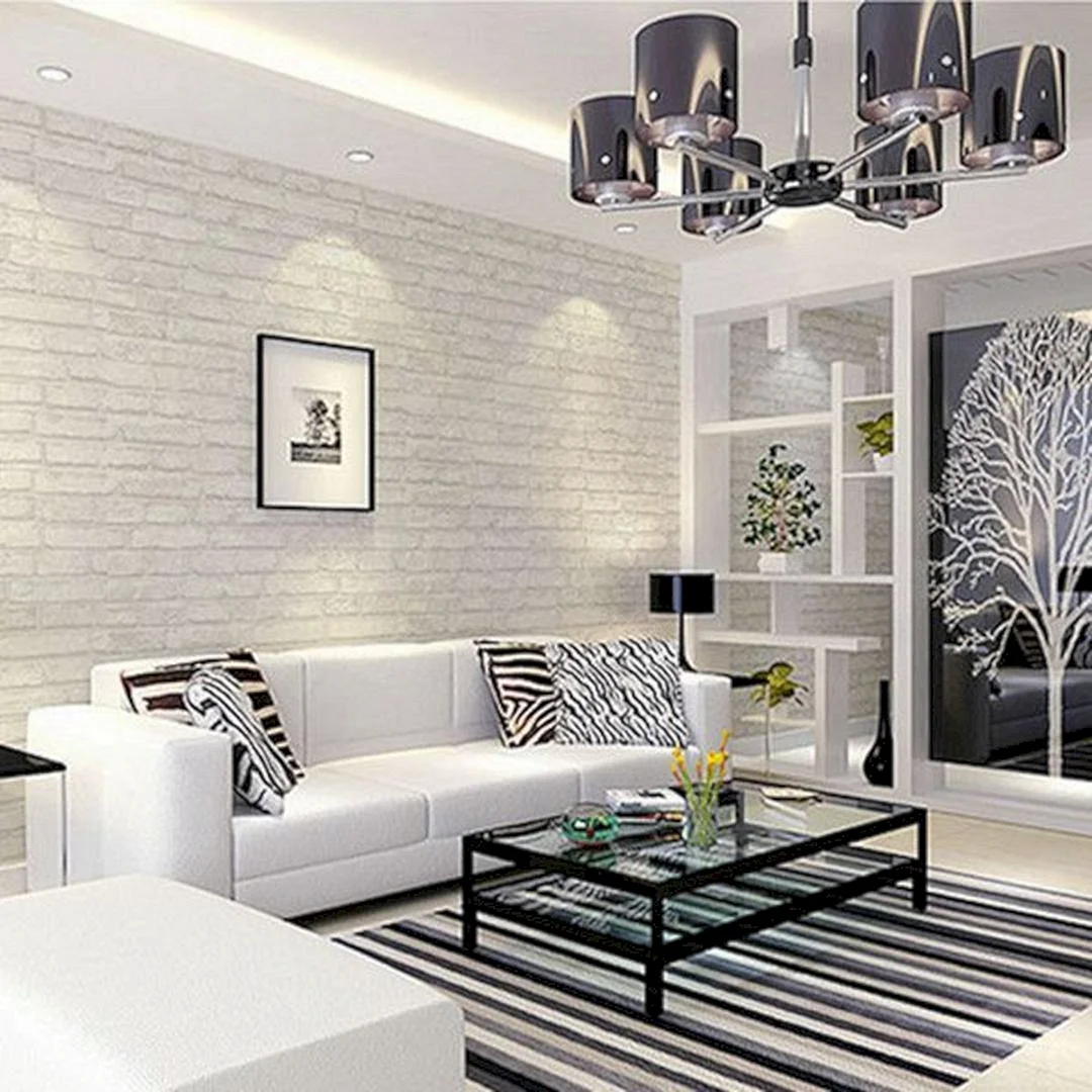 White and Grey Brick Living Room Wallpaper