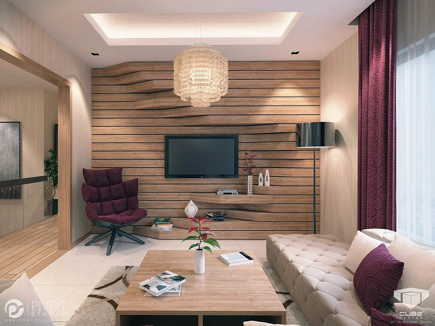 Wooden Living Room Interior Design Wallpaper